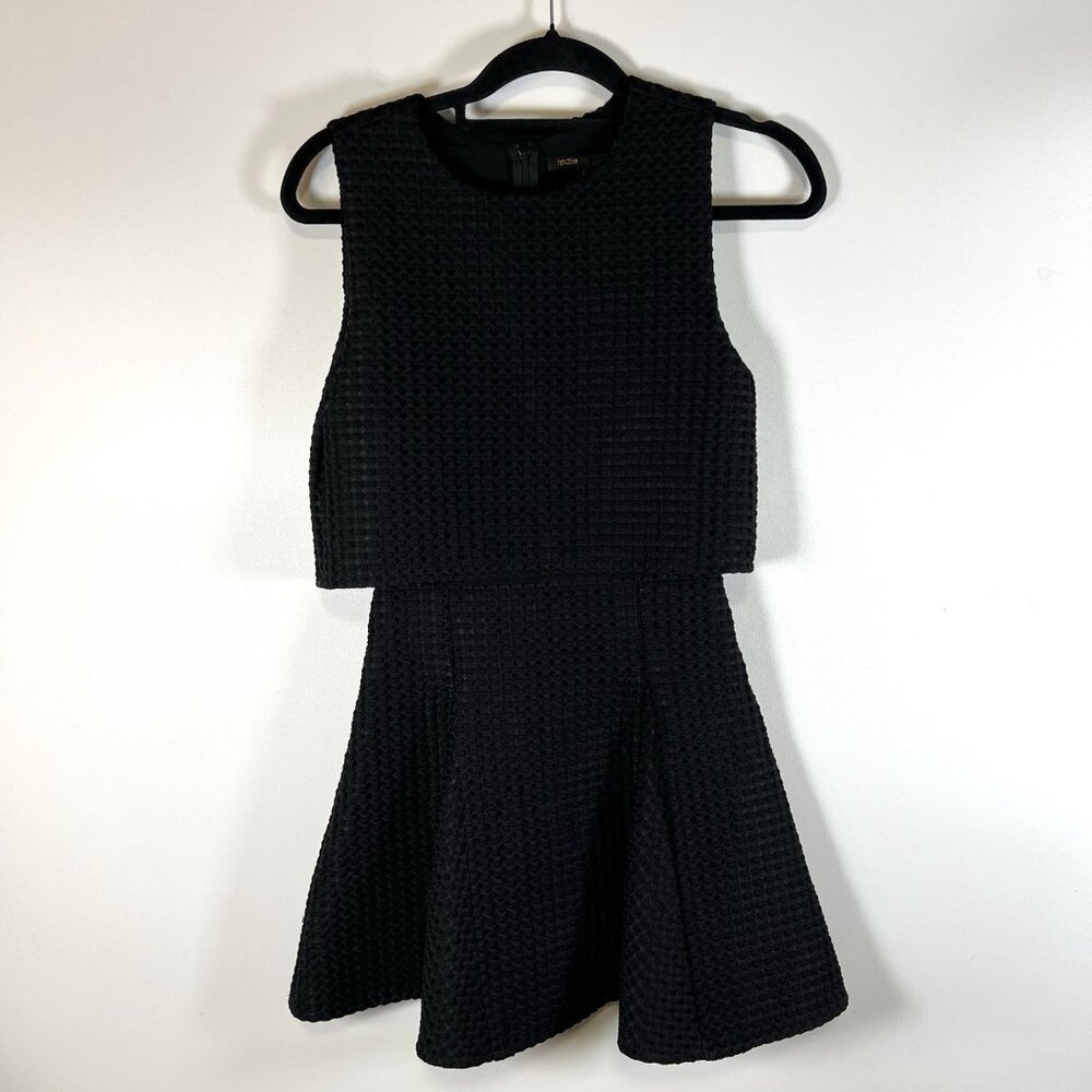 Maje Womens Back Zip Sleeveless Crew Neck Layered Swing Dress Black Sz 1/Small